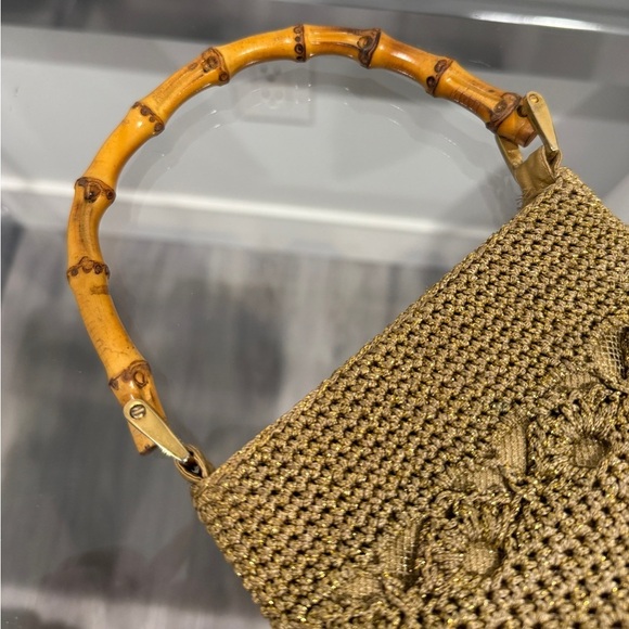 From India Tan Wooden Handle Sparkly Mini Bag Magnetic One Button Closure - Picture 3 of 5